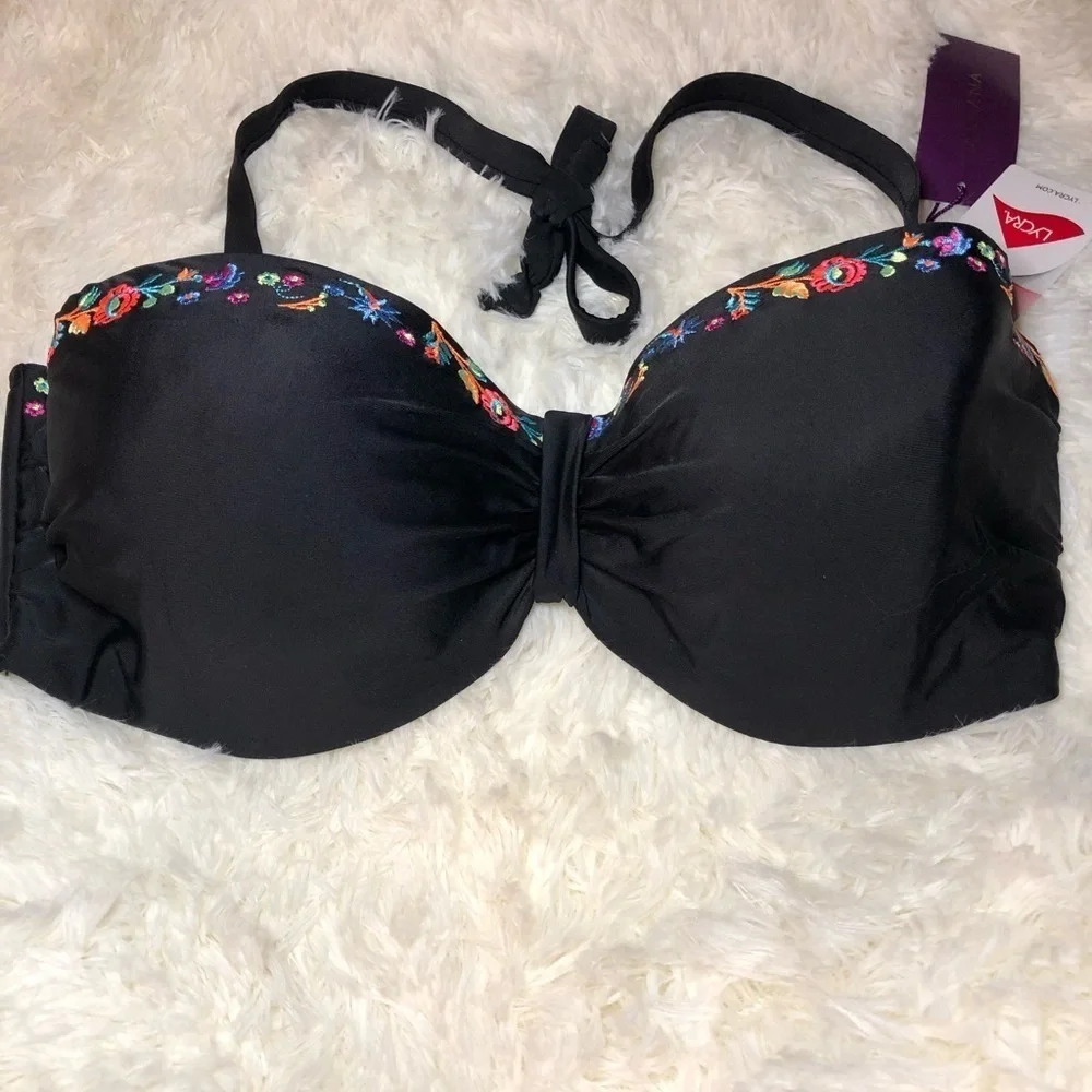 Black Floral Trim Balconette Bikini Top with Underwire